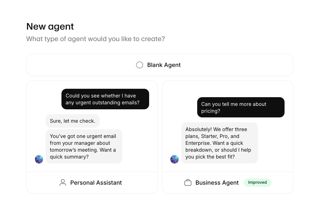 ElevenAgents new agent setup screen with three options: Blank Agent, Personal Assistant, and Business Agent. ElevenAgents new agent setup screen with three options: Blank Agent, Personal Assistant, and Business Agent.