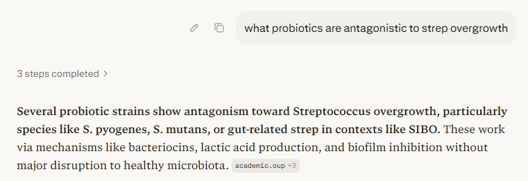 연쇄상구균 과증식에 대항하는 프로바이오틱스에 대한 AI 답변 화면