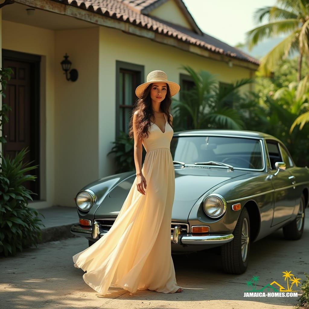 Elegant single white woman with flowing sundress and sun hat, standing in front of a quaint, modern Caribbean home in Kingston, Jamaica, with a sleek car parked beside her, surrounded by lush tropical foliage. Captured in the style of Emmanuel Lubezki, Roger Deakins, and Hoyte van Hoytema, with a cinematic film still aesthetic, evoking the warmth and vibrancy of the Caribbean. Shot on a virtual V-Raptor XL, with subtle film grain, vignette, and precise color grading, post-processed to enhance the atmospheric mood. Cinematic lighting dances across her face, with the soft glow of the tropical sun, and the subtle sheen of the car's metallic surface. Framed in a 35mm film ratio, with a shallow depth of field, blurring the background to emphasize her presence. A masterpiece of live-action storytelling, exuding an epic, stunning, and dramatic quality.