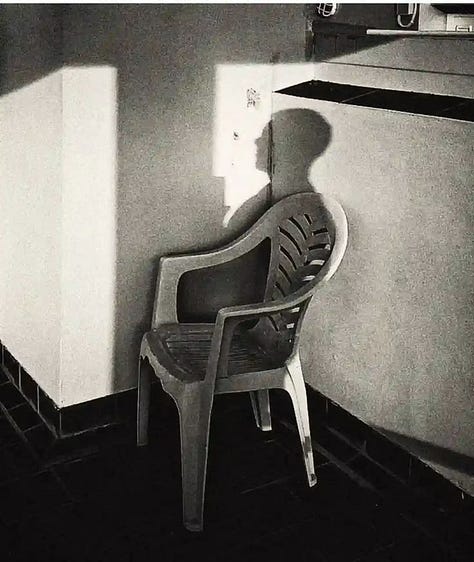 Three-panel photo collage featuring surreal, everyday scenes: a person walking past a mirrored surface, a woman seated beside a café window, and a silhouetted figure sitting on a chair in a stark room.