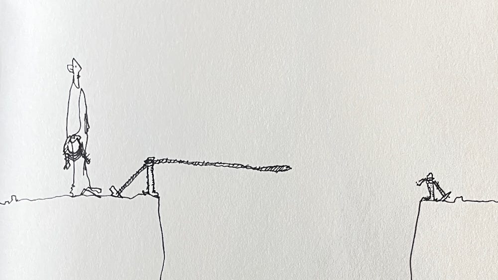 sketch of man holding rope, staring at broken tightrope that inexplicably hangs in mid air anthony quinn artist
