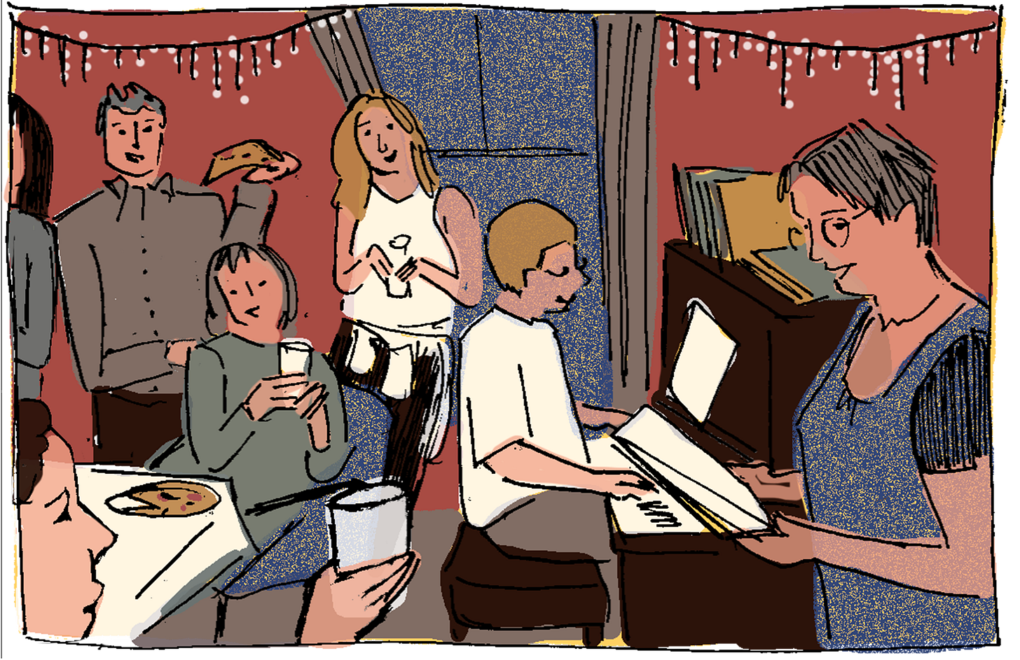 A party scene from the song-and-prayer part of International Pizza Day A party scene from the song-and-prayer part of International Pizza Day