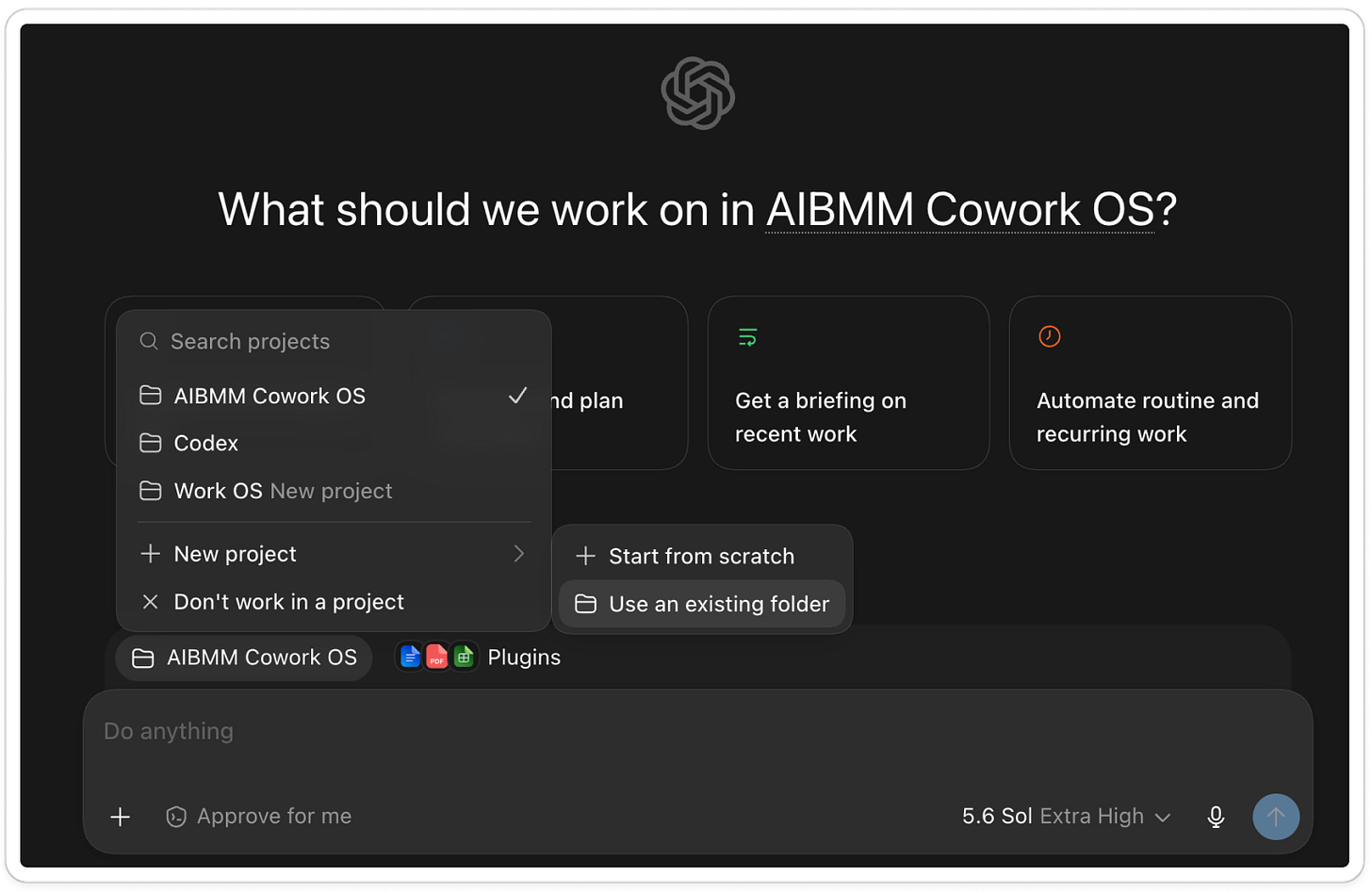 ChatGPT Work project picker showing existing projects, the option to start from scratch or use an existing folder, and the choice not to work in a project.