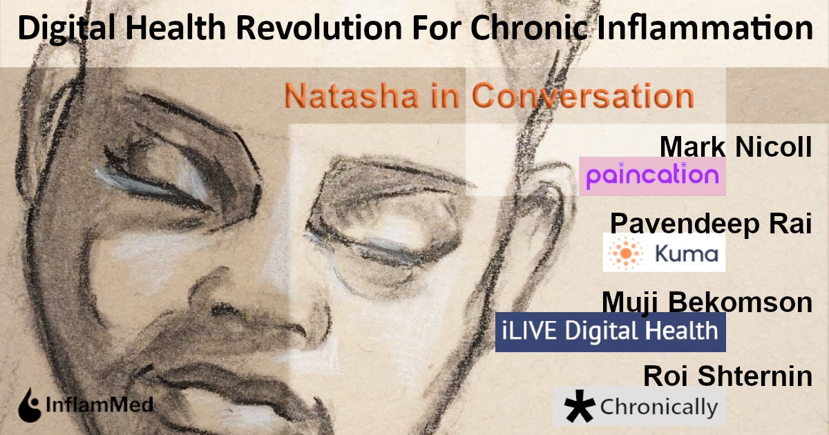 Visual with text reading: Digital Health Recolution For Chronic Inflammation, Natasha in Conversation. On the right the name of founders are listed above company logos: Mark Nicoll for paincation, Pavendeep Rai for Kuma Health, Muji Bekomson for iLIVE Digital Health and Roi Shternin for Chronically. A close up of a black female portrait in charcoal on brown paper makes the background. InflamMed's logo in the bottom left corner. Visual with text reading: Digital Health Recolution For Chronic Inflammation, Natasha in Conversation. On the right the name of founders are listed above company logos: Mark Nicoll for paincation, Pavendeep Rai for Kuma Health, Muji Bekomson for iLIVE Digital Health and Roi Shternin for Chronically. A close up of a black female portrait in charcoal on brown paper makes the background. InflamMed's logo in the bottom left corner.