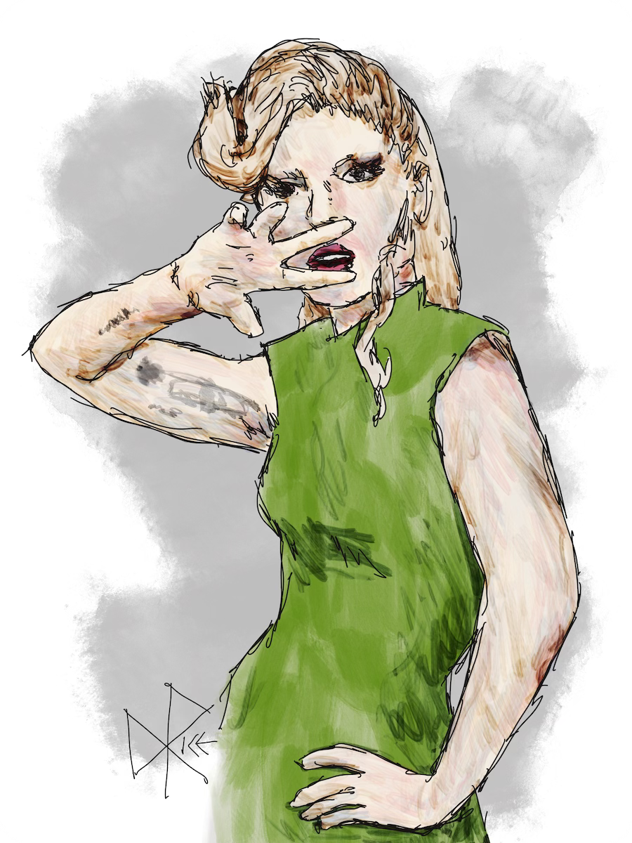 Lady Gaga standing in a green dress, one hand on her hip and the other raised and partially obscuring her face. Sketch art by Don Rice.