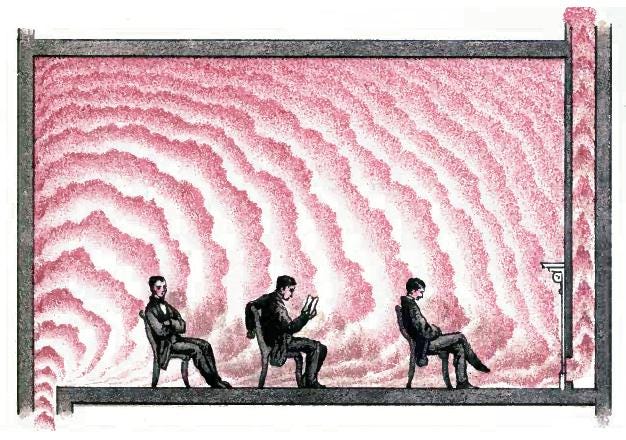 An image uploaded by cosmos on Jul 11, 2024. May present: visual arts. Old public domain image showing a victorian man sitting in three poses - 1 with a book and two just thinking. the background is a sort of pink ripple pattern.