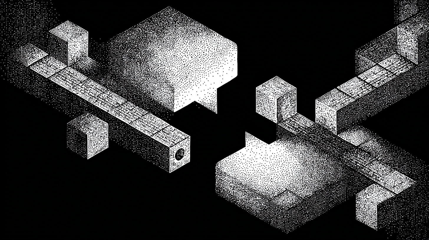 Isometric illustration of disconnected architectural platforms and bridges in black and white halftone style