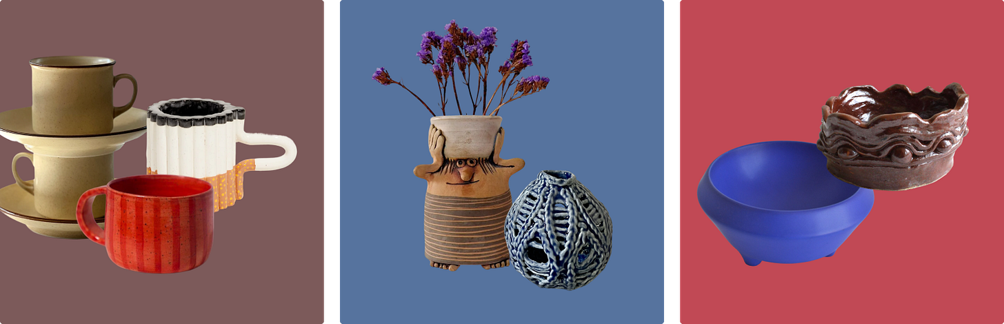 ceramic mugs, knitwear bud vase, ceramic bowls