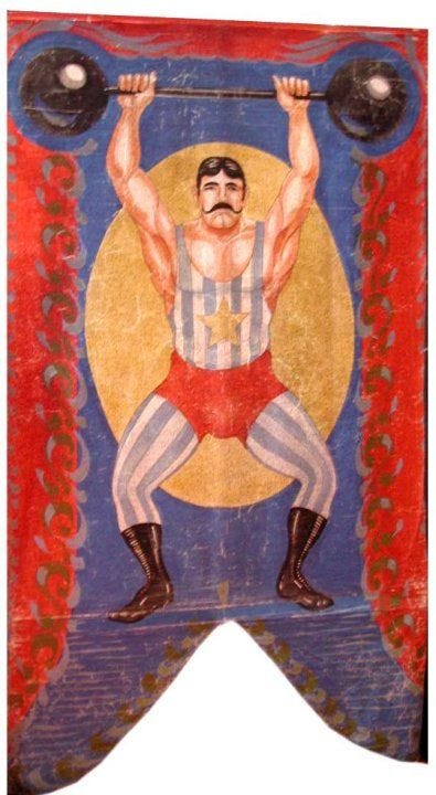 This may contain: a painting of a man lifting a barbell