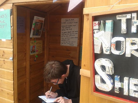 9 images from literary events in Medway. People reading from their books, people watching writers reading from their books. 