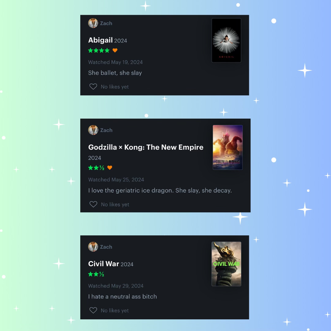 Sea foam green and sky blue background with white sparkle graphics. There are three images of Letterboxd reviews for Abigail, Godzilla x Kong: The New Empire, and Civil War. Abigail review reads *4 star rating* “She ballet, she slay.” Godzilla x Kong: The New Empire review reads *2.5 star rating* “I love the geriatric ice dragon. She slay, she decay.” Civil War review reads *2.5 star rating* “I hate a neutral ass bitch.”