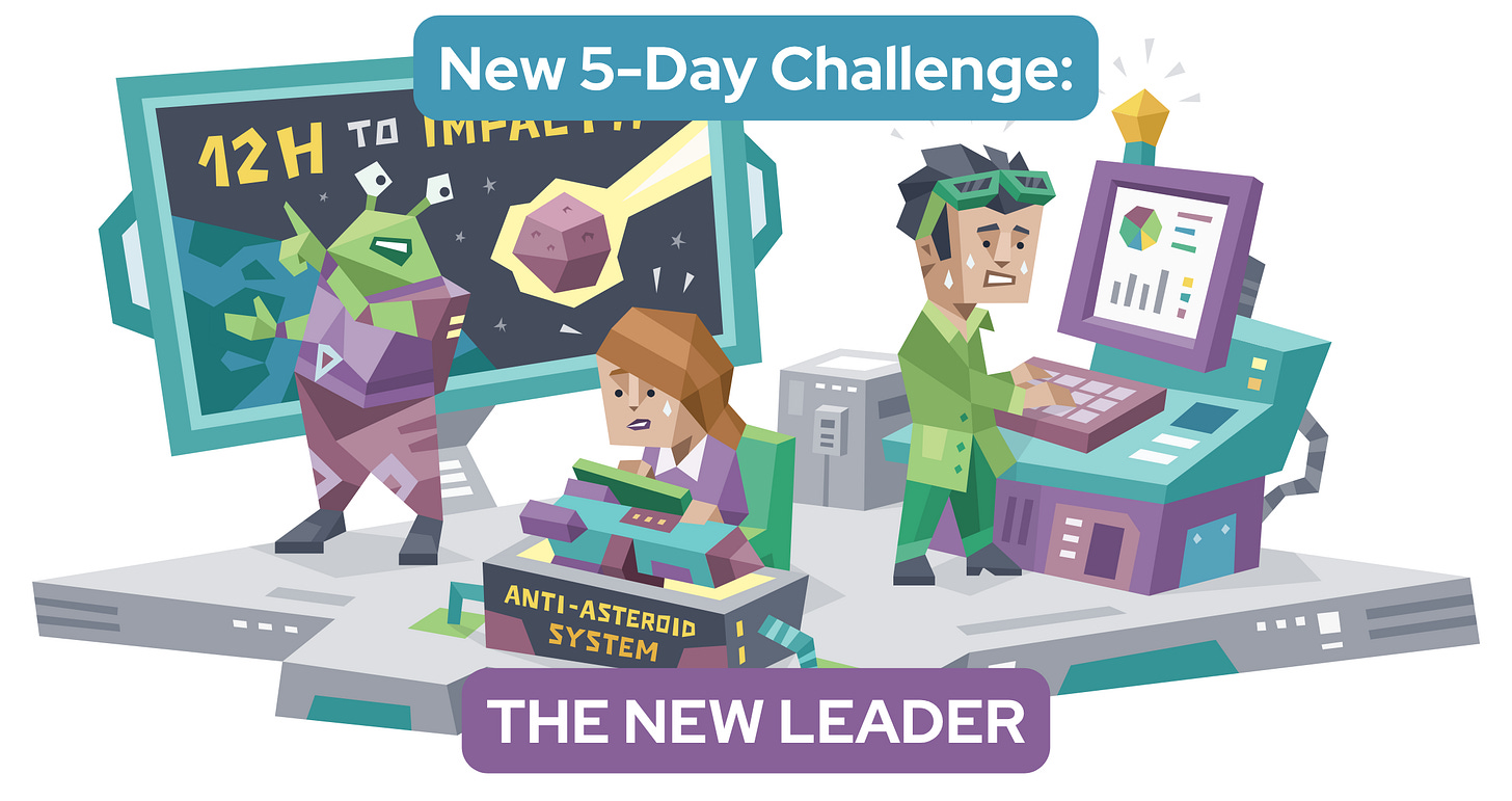 Illustration of two people working at futuristic control stations labeled “Anti-Asteroid System”, while an alien leader points at a screen reading “12H to Impact!!,” suggesting a high-pressure scenario. Text reads: New 5-Day Challenge: The New Leader