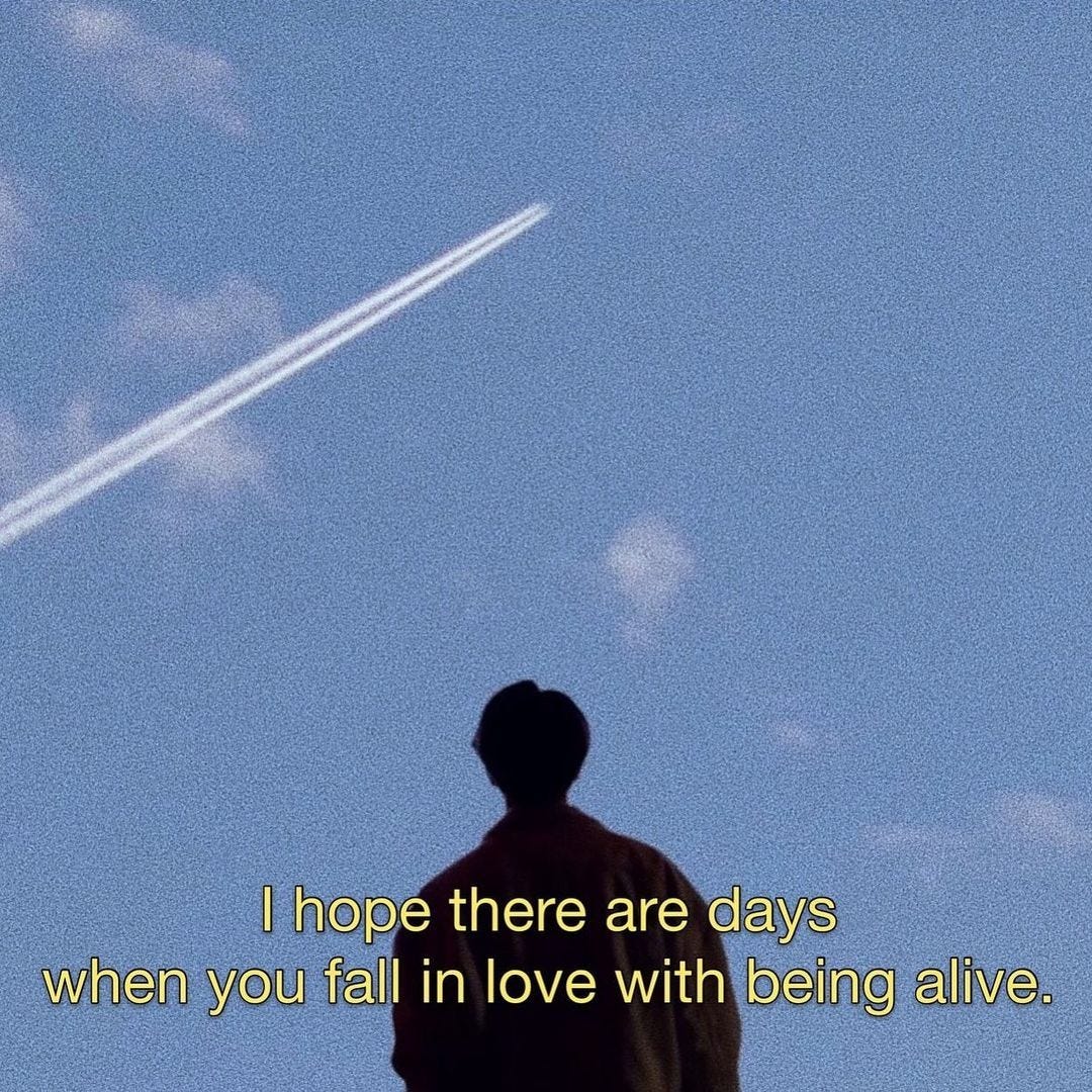An Instagram  post added by colindancel on Jan 07, 2023. The author is @sentences.from.movies. May present: bts love quotes aesthetic, bts, sky, people in nature, gesture.