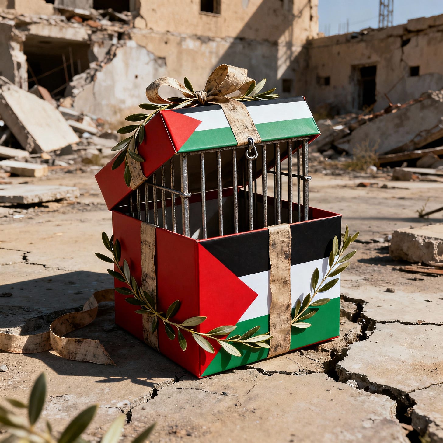 Symbolic gift box in Palestinian colors revealing cage bars within a desolate landscape