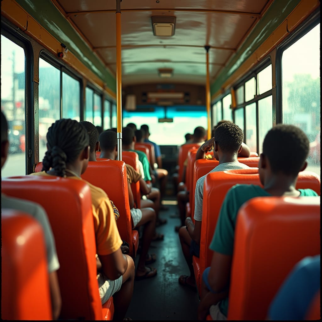 Vibrant Jamaican public bus, packed with lively passengers, each with their own unique story, captured in a stunning cinematic film still, reminiscent of the works of Roger Deakins, Emmanuel Lubezki, and Christopher Doyle, with their masterful use of light and composition. 