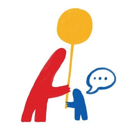 A large red figure bends forward, holding a yellow balloon. A small blue figure stands beside it, also gripping the balloon, with a blue speech bubble containing ellipsis dots floating nearby. The two figures together form the shape of the letter "A" – the tall red figure as one diagonal leg, the small blue figure as the other.
