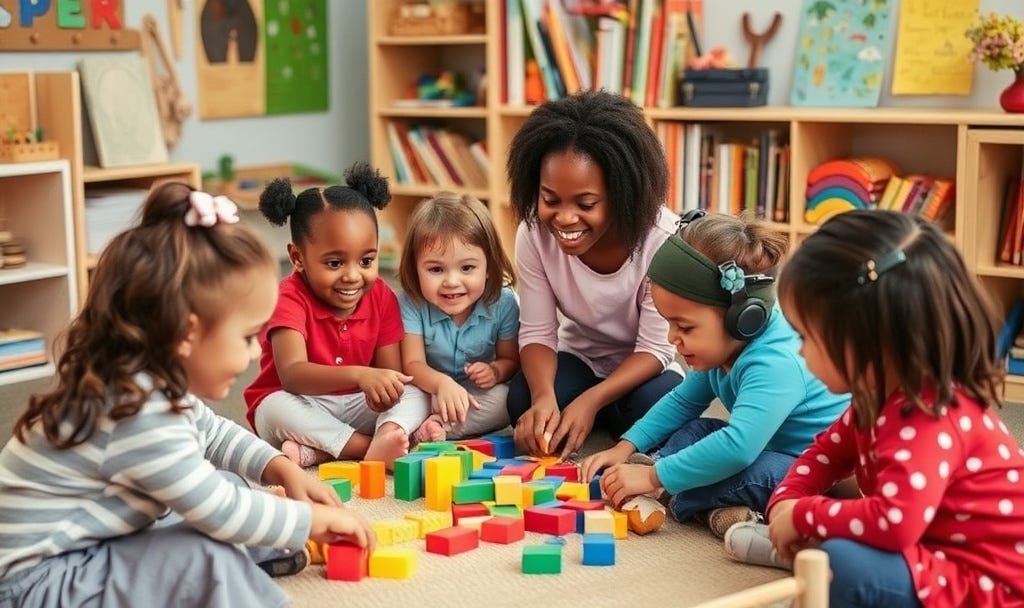 diverse children happily interacting, and learning centers (blocks, art, books)—perfectly aligning with restoring play, curiosity, and connection.