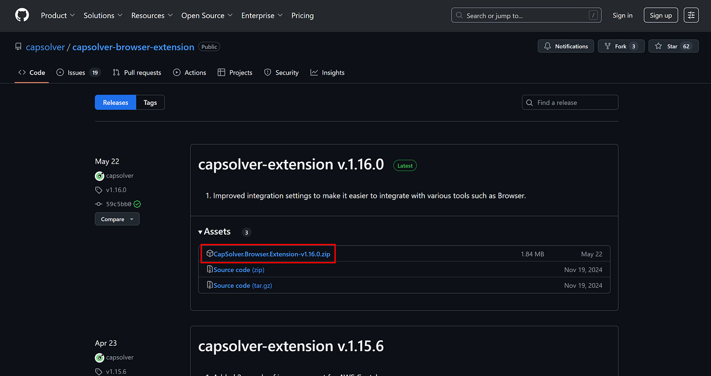 Downloading the .zip archive with the CapSolver extension