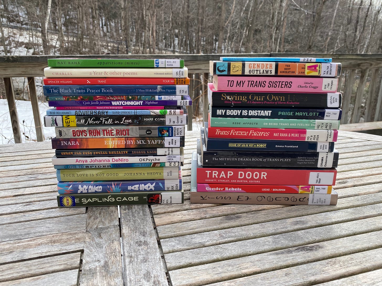 Two huge stacks of trans library books on a porch table.