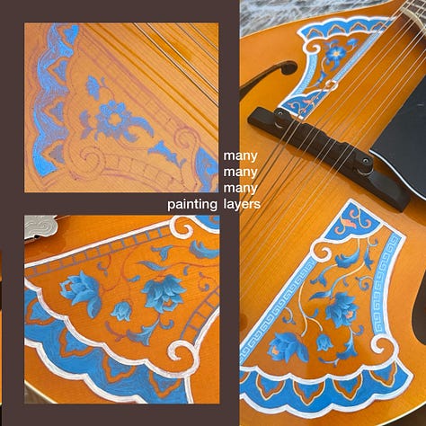 4 images: "drafting & creating stencils", "transferring & tracing", "painting many many many layers", and the final product