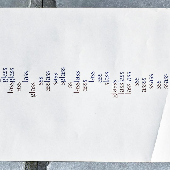 Dick Higgins, glasslass (for karen, barton vermont, july 17th 1970), (two color print on grey cardboard), Published by the artist, Barton, VT, 1970 [konkretpoesi. Fondazione Bonotto, Colceresa (VI). © Dick Higgins]