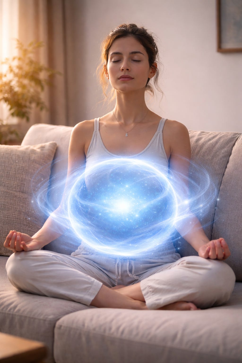A person sits upright on a couch with eyes closed in a calm, meditative posture. A glowing blue, swirling energy globe is superimposed around their midriff, filling the center of the image and suggesting focused energy in everyday life.