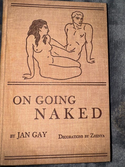 Nine photos of vintage nudist books displayed on a dark surface, including titles such as Social Nudism in America by Fred Ilfeld and Roger Lauer, On Going Naked by Jan Gay, Life in the Sun by Allan Blair, The Naked Truth About Nudism by William Welby, Naked in the Woods by Jim Motavalli, Defense of Nudism by Henry Huntington, Nudist Society by William Hartman, Facts About Nudism (1935), and Naked and Unashamed by William Welby.