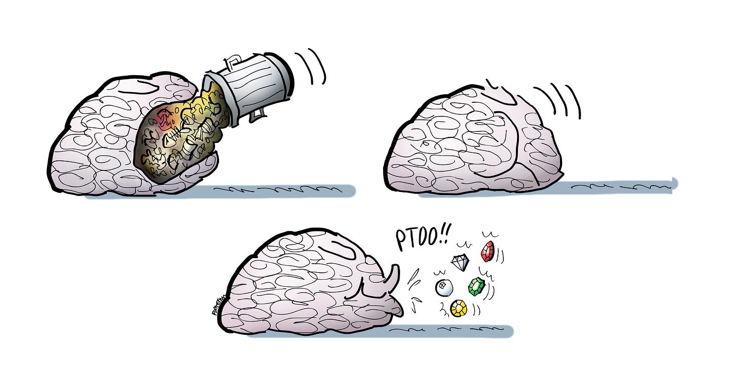 Three-panel cartoon by illustrator Mark Armstrong. First panel: human brain with wide-open mouth. Garbage can is pouring garbage into the brain's mouth. Second panel: Brain is chewing up garbage. Third panel: brain is spitting out gems, sparkly diamonds, pearls, rubies, etc. Three-panel cartoon by illustrator Mark Armstrong. First panel: human brain with wide-open mouth. Garbage can is pouring garbage into the brain's mouth. Second panel: Brain is chewing up garbage. Third panel: brain is spitting out gems, sparkly diamonds, pearls, rubies, etc.