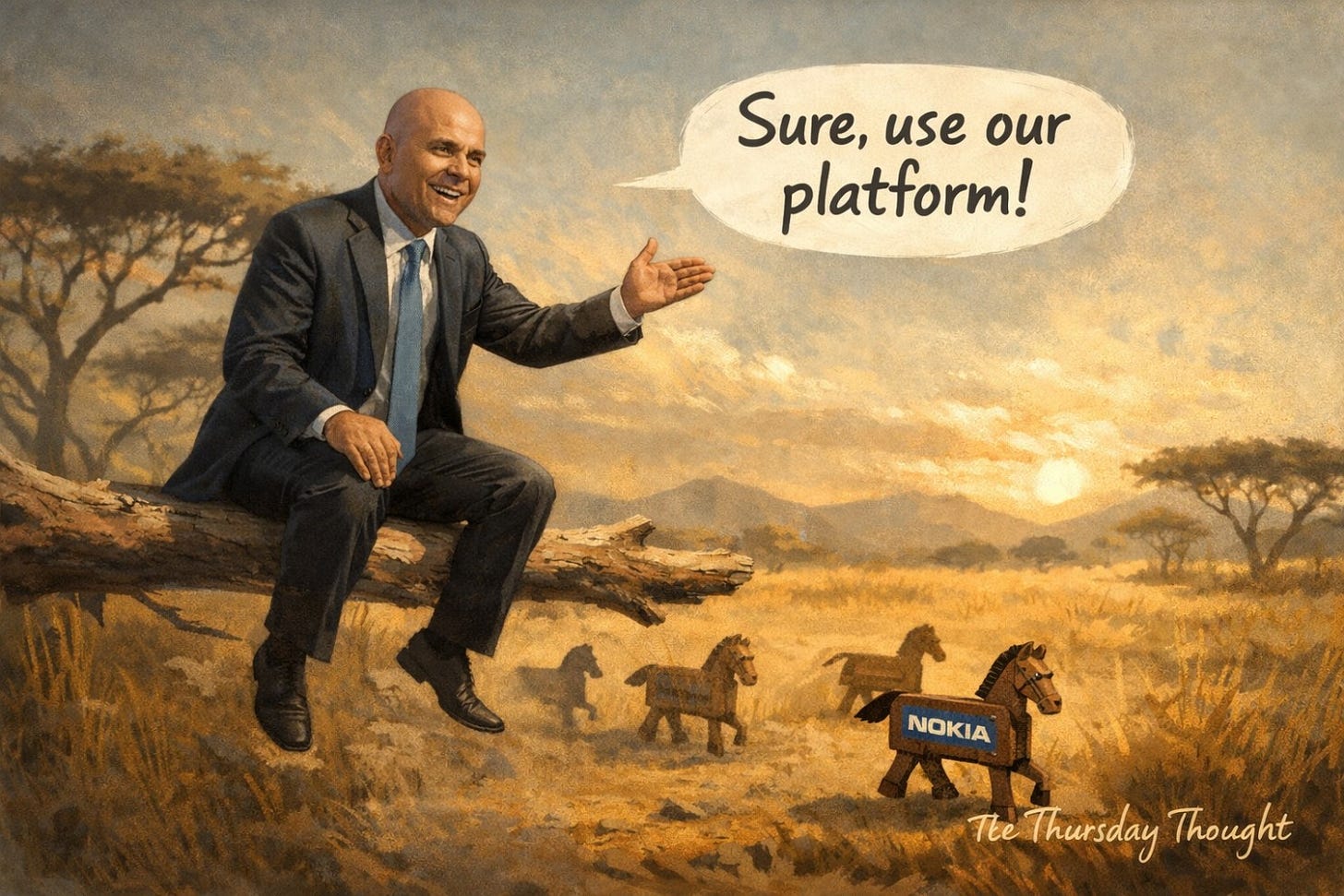 Alt text: Painterly, surreal scene on a warm Kalahari-style savannah. A bald businessman in a slick dark suit sits on a tree branch, smiling and gesturing, with a speech bubble that reads, “Sure, use our platform!” Below, a line of small wooden Trojan horses moves across the grass; one in the foreground carries a blue Nokia logo. Subtle “The Thursday Thought” branding appears in the bottom-right corner.