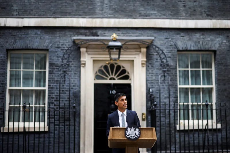 British Prime Minister Rishi Sunak outside 10 Downing Street in London, October 2022 British Prime Minister Rishi Sunak outside 10 Downing Street in London, October 2022