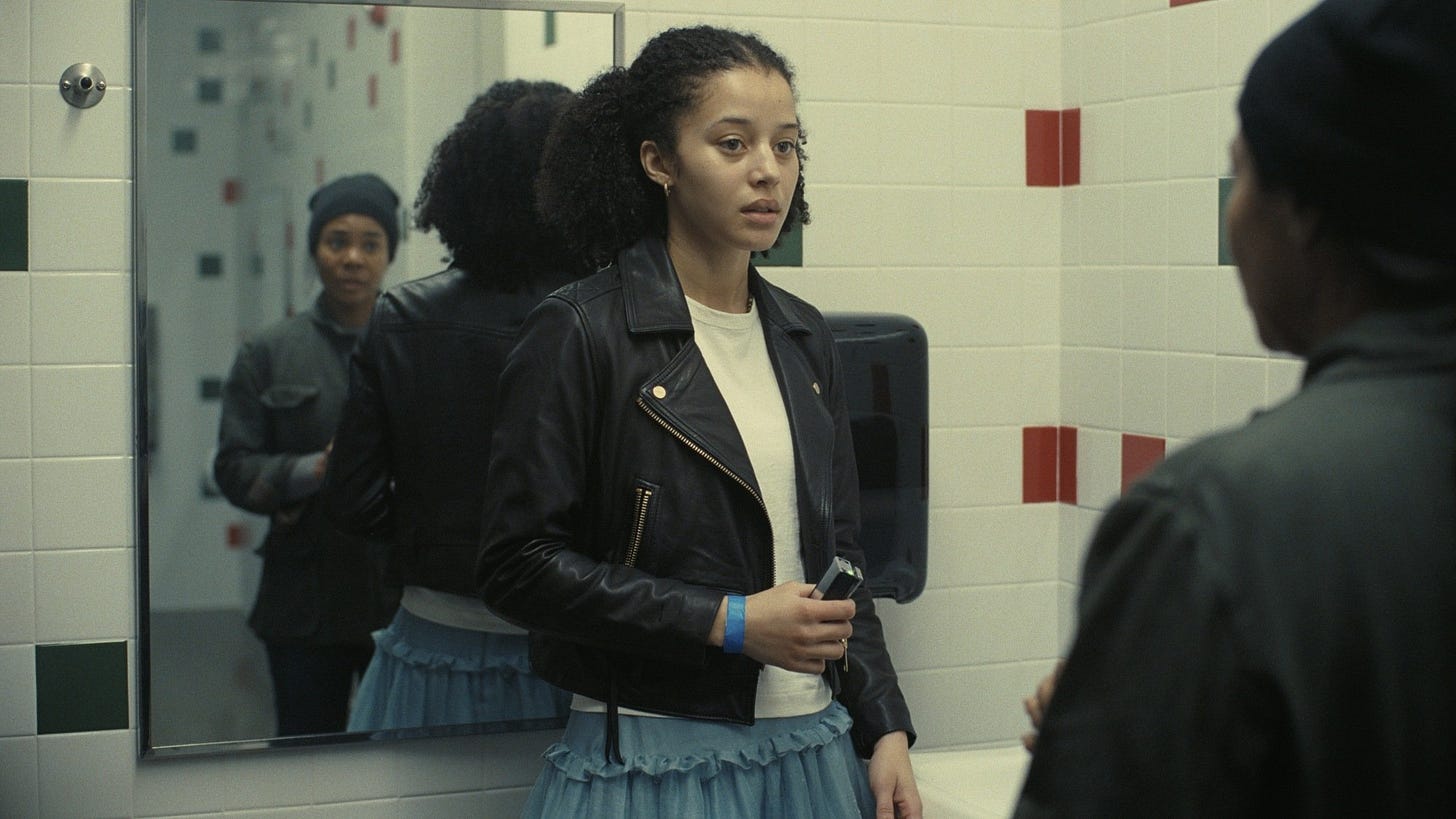 Chase Infiniti and Regina Hall get tense in Paul Thomas Anderson's "One Battle After Another."