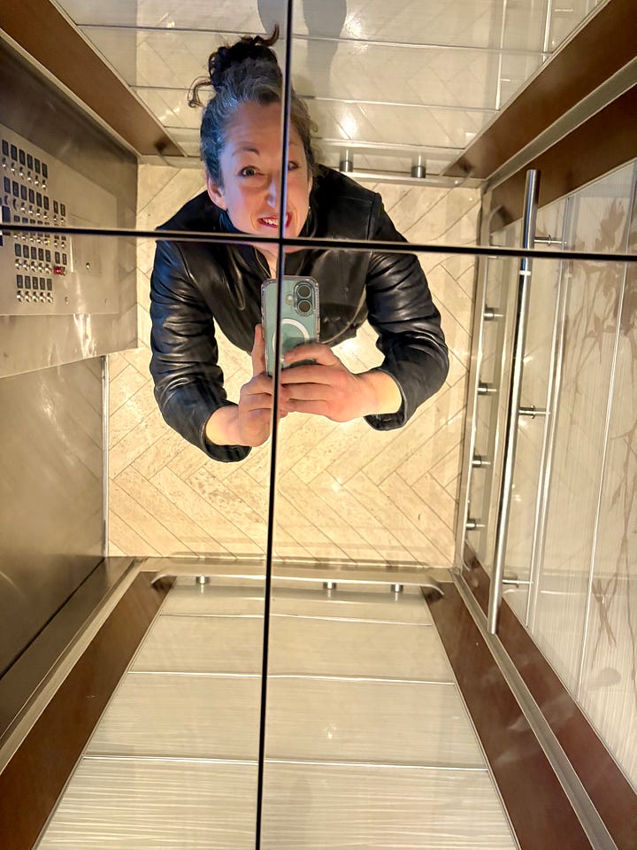 Bronze statue of a butt, New York skyscrapers lit up at night, Jenny in an elevator making a funny face at the mirrored ceiling, a green door.