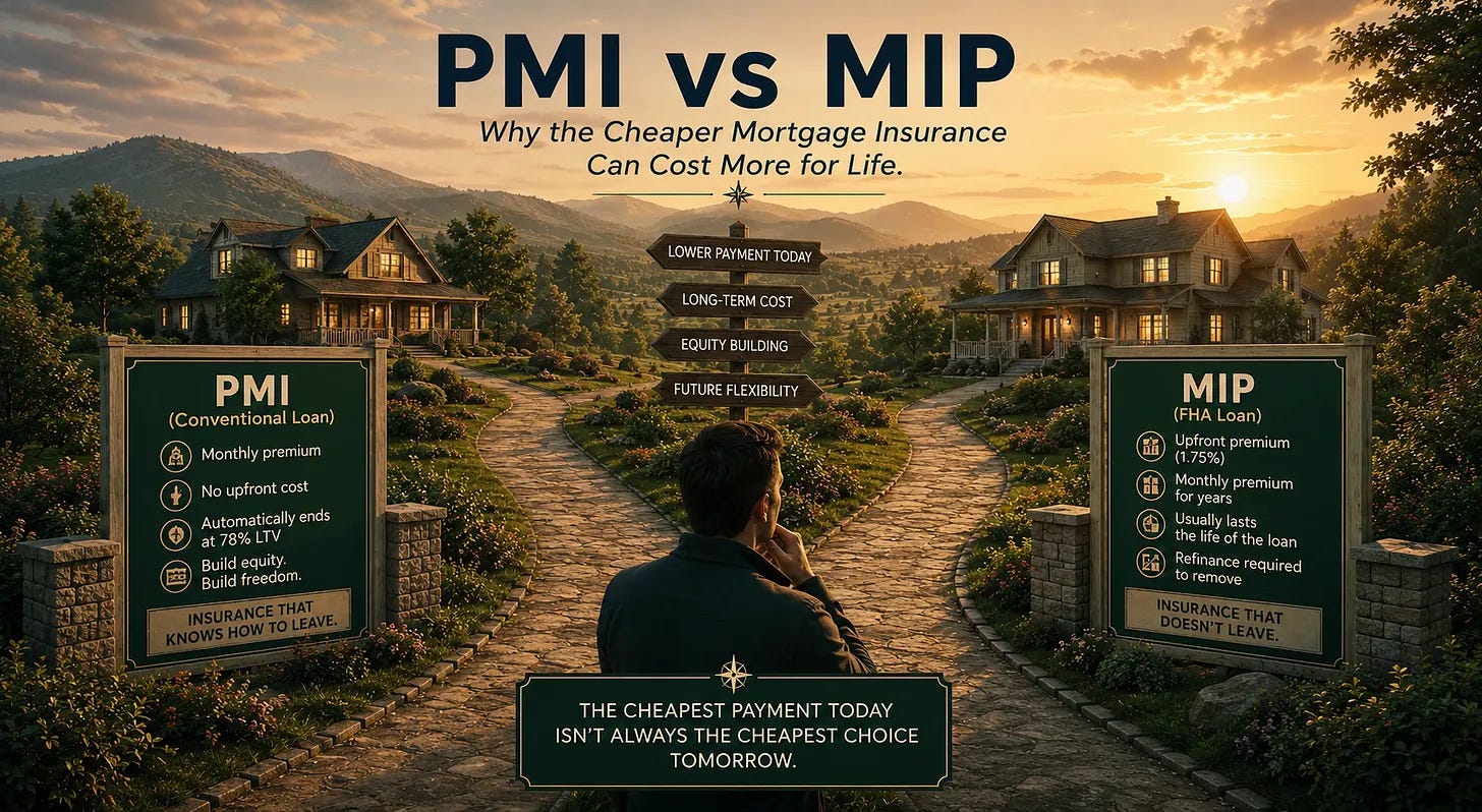 PMI vs MIP comparison illustration titled "Why the Cheaper Mortgage Insurance Can Cost More for Life." A homebuyer stands at a fork in the road looking out over a sunlit valley between two homes. The left path leads to a home with a sign labeled "PMI (Conventional Loan)" listing four features: monthly premium, no upfront cost, automatically ends at 78% LTV, and "Build equity, build freedom." A banner beneath reads "Insurance that knows how to leave." The right path leads to a similar home with a sign labeled "MIP (FHA Loan)" listing four features: upfront premium of 1.75%, monthly premium for years, usually lasts the life of the loan, and refinance required to remove. A banner beneath reads "Insurance that doesn't leave." A wooden signpost between the two paths lists the four considerations driving the decision: lower payment today, long-term cost, equity building, and future flexibility. A green banner at the bottom of the image reads "The cheapest payment today isn't always the cheapest choice tomorrow." The illustration captures the central thesis that PMI on conventional loans cancels automatically at 78% LTV while MIP on FHA loans typically requires a refinance to remove regardless of how much equity has accumulated.
