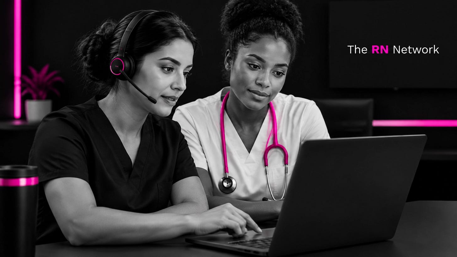 Two nurses collaborating over a laptop in a virtual nursing station Two nurses collaborating over a laptop in a virtual nursing station