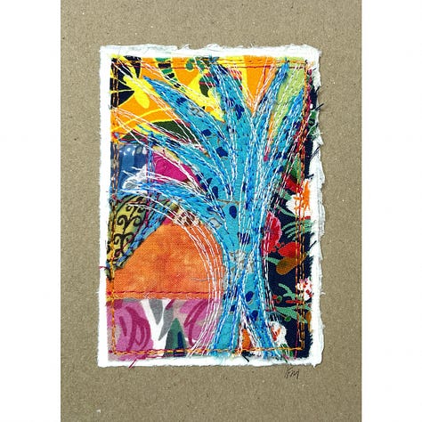 Fabric collage with stitched motif in contrasting colour