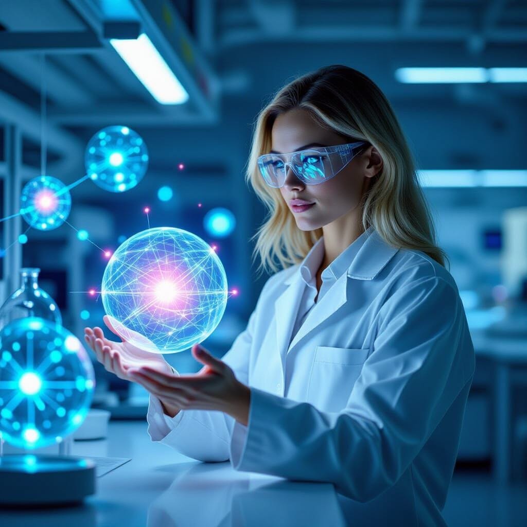 "Professional quantum physicist presenting holographic quantum state visualizations, with glowing superposition spheres ...