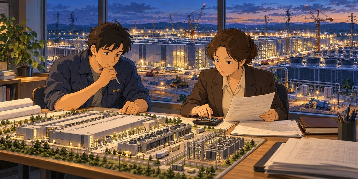 An engineer and finance manager review a data-center model and its construction costs beside windows overlooking the buildout. An engineer and finance manager review a data-center model and its construction costs beside windows overlooking the buildout.