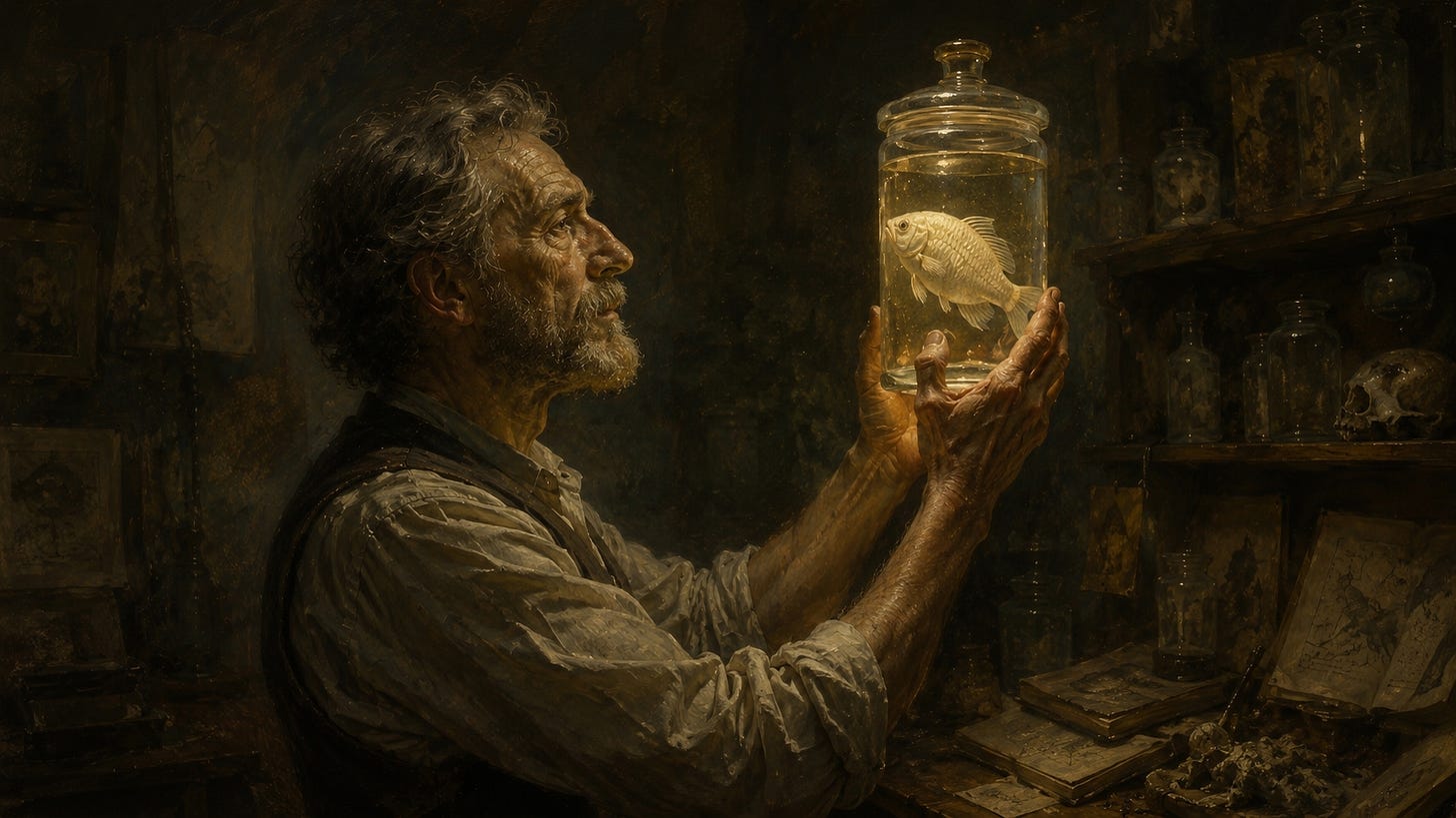 An ageing naturalist stands in profile in a dim, cluttered study, lifting a large glass specimen jar toward a warm light. Inside the jar floats a pale, colourless preserved fish. Shelves of faded specimen jars, old charts and scattered papers recede into deep shadow behind him. The warm amber glow illuminates his thoughtful face and the fish, while the rest of the room dissolves into darkness, creating a contemplative and melancholic atmosphere. An ageing naturalist stands in profile in a dim, cluttered study, lifting a large glass specimen jar toward a warm light. Inside the jar floats a pale, colourless preserved fish. Shelves of faded specimen jars, old charts and scattered papers recede into deep shadow behind him. The warm amber glow illuminates his thoughtful face and the fish, while the rest of the room dissolves into darkness, creating a contemplative and melancholic atmosphere.