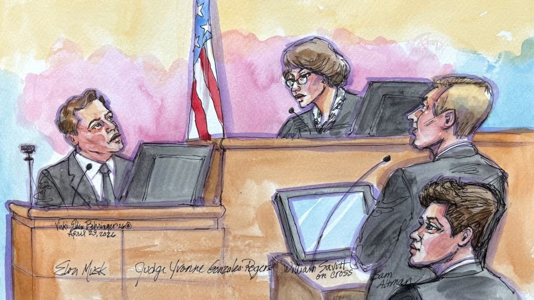 Sala del tribunal donde se disputa el futuro de OpenAI: de izquierda a derecha, Elon Musk; la jueza Yvonne Gonzalez Rogers; el abogado de OpenAI, William Savitt, y Sam Altman. Boceto de Vicki Behringer distribuido por Reuters