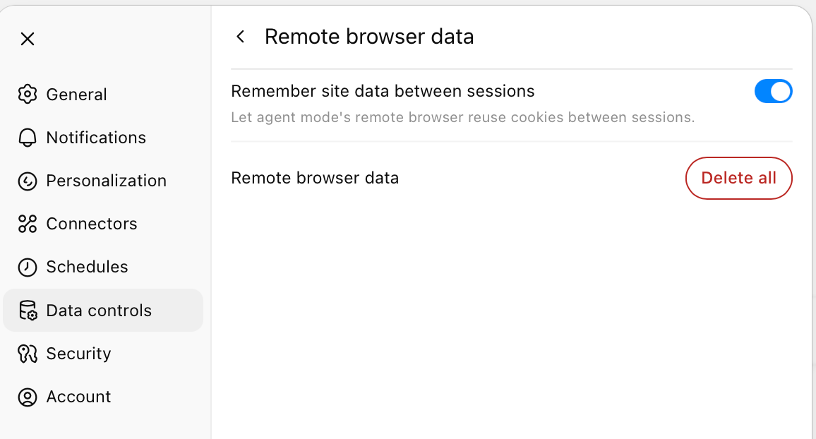 Removing remote browser data cleans ChatGPT agent sessions that logged into your accounts!
