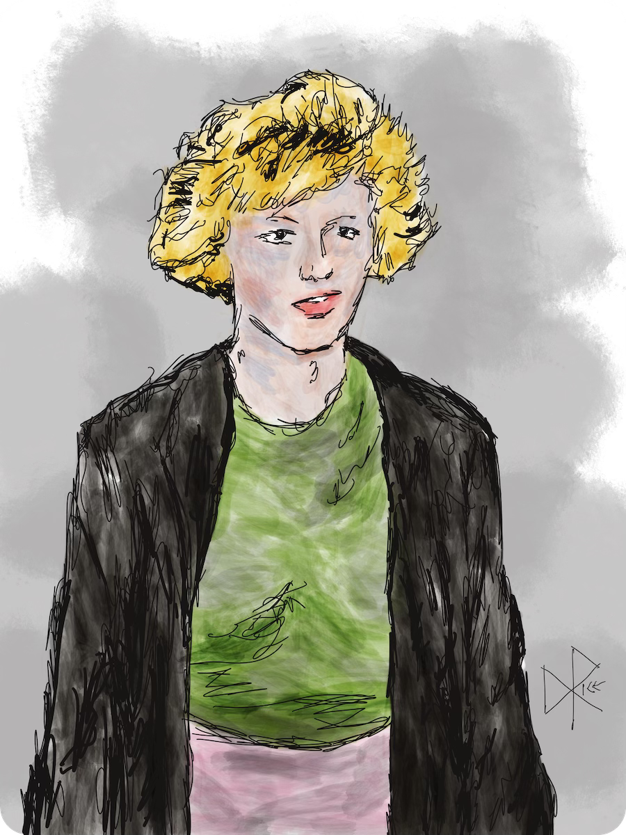 A young blonde woman wearing a dark overcoat, open but partially covering her brightly coloured work attire. Sketch art by Don Rice. A young blonde woman wearing a dark overcoat, open but partially covering her brightly coloured work attire. Sketch art by Don Rice.