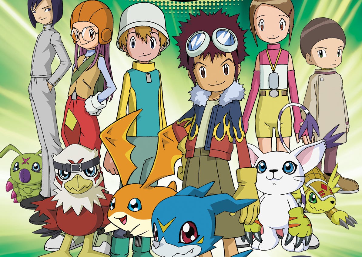 A cropped version of the Digimon Adventure 02 Flatiron DVD set, showing the main cast and their Digimon