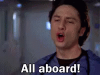 a man with a stethoscope around his neck is saying `` all aboard ! ''