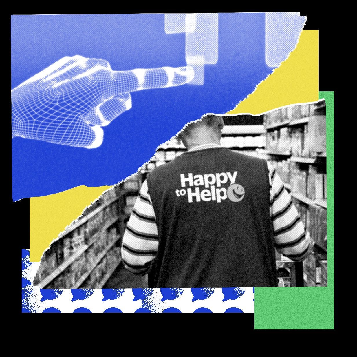 Collage of an AI hand pushing a virtual button a Walmart employee and chat bubbles