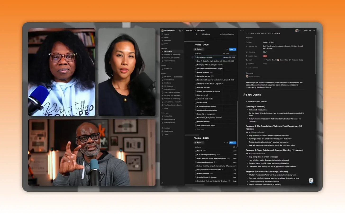 Notion topics database sidebar and list with the show outline to the right, plus host thumbnails on the left