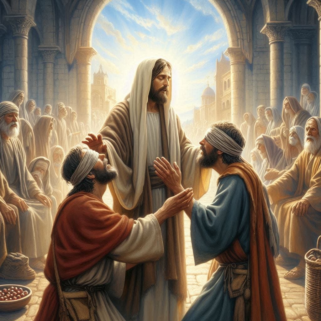 Jesus curing two blind men in the Gospel of Matthew Chapter 9
