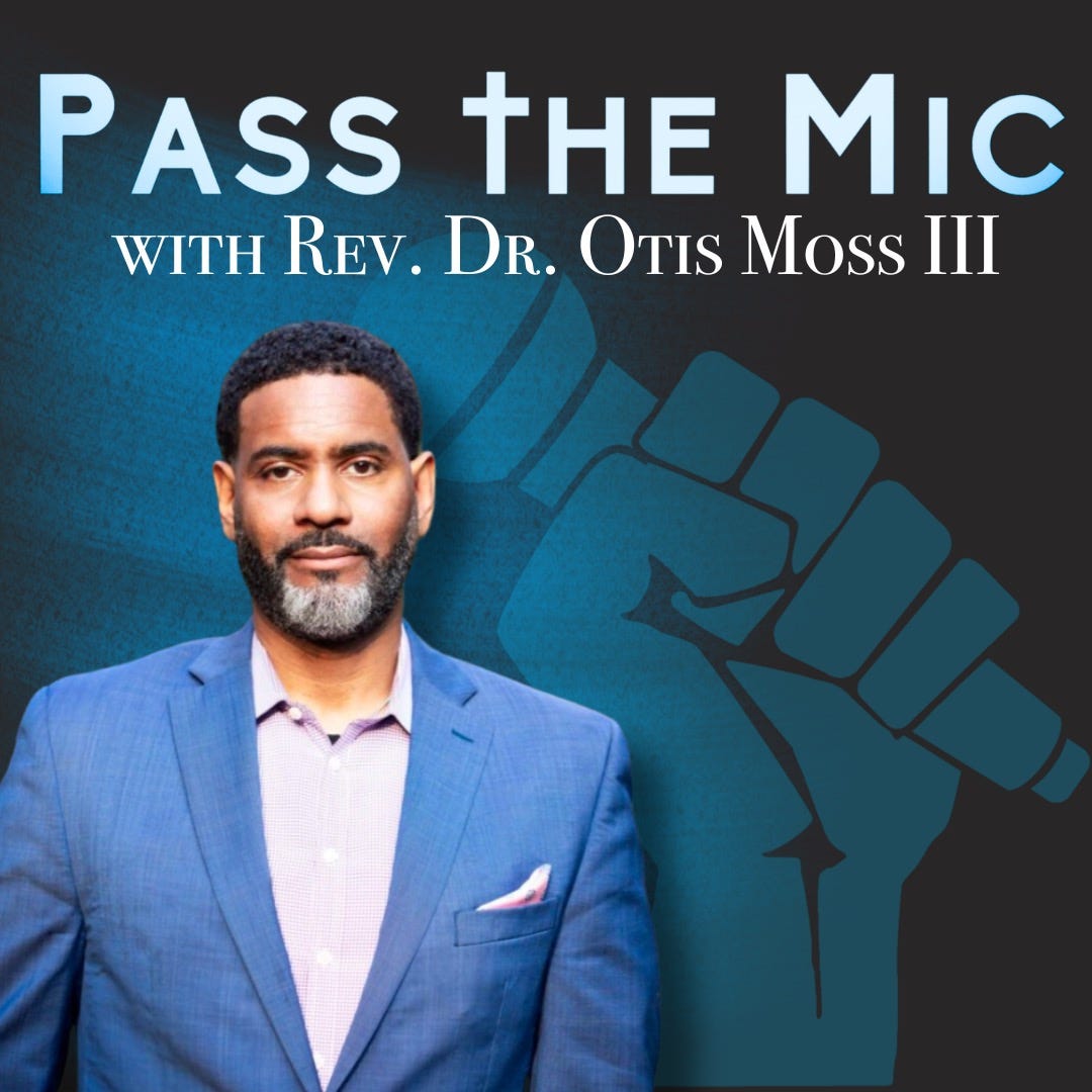 Photo of Rev. Moss over background of Pass The Mic logo blue fist clutching microphone