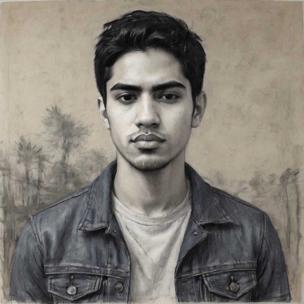 Charcoal drawing portrait of a very pale, tallish latino young man, with short, smooth and abundant black hair. He has a good jaw, longish nose and red eyes. Wears a dark blue denim jacket.