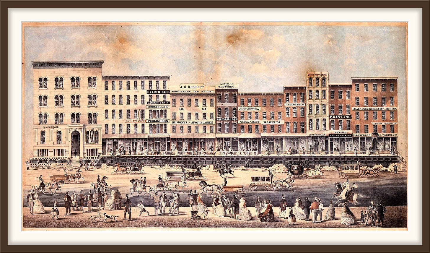A house up on timbers in the middle of Central Street, a horse walking a circle at a capstan