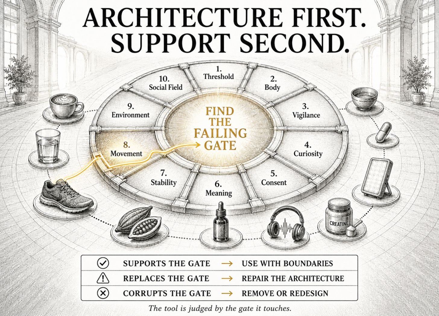 State-support tools orbit ten gates of flow, with a gold-lit path from a chosen tool to the failing gate.